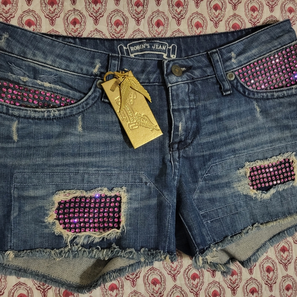  Womens Robin's Jeans Shorts Studded with Many Pink Swarovski crystals